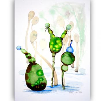 oryginal watercolor surrealistic Marta Konieczny modern 40x30 cm best gallery beautiful, for women, for gift, for modern interior, best decoration for loft, green, botanic, organic, plants, fantastic, flovers, green, UNIQUE